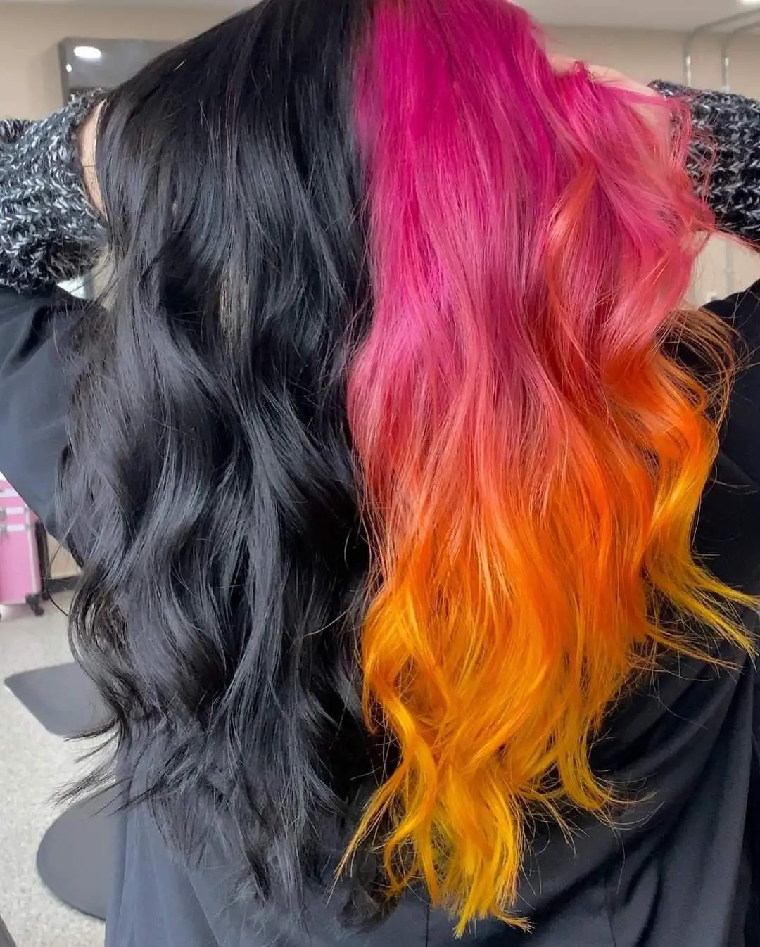 33-unique-split-hair-dye-ideas-trending-color-combinations-to-try-in-2023 Black & Fiery Split Hair