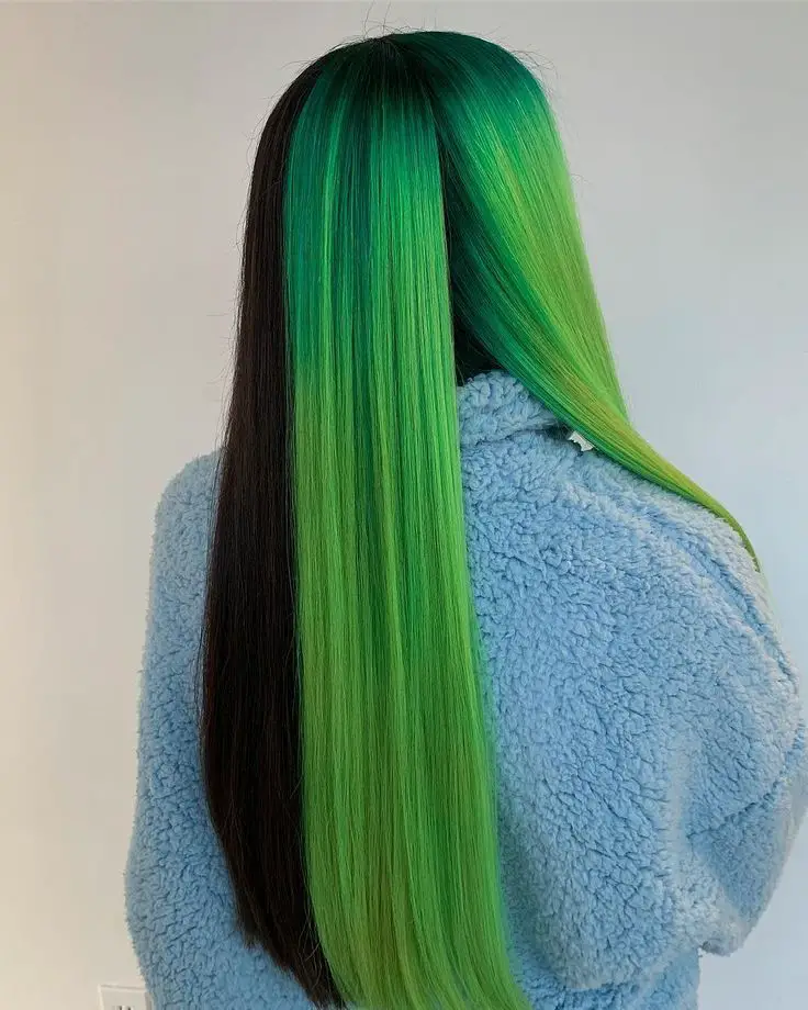 33-unique-split-hair-dye-ideas-trending-color-combinations-to-try-in-2023 Black & Green Split Hair On Long Hair
