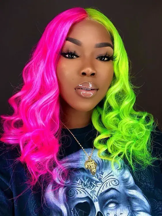 33-unique-split-hair-dye-ideas-trending-color-combinations-to-try-in-2023 Neon Pink & Green Split Hair