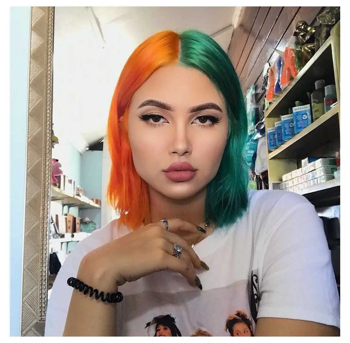 33-unique-split-hair-dye-ideas-trending-color-combinations-to-try-in-2023 Orange & Green Split Hair