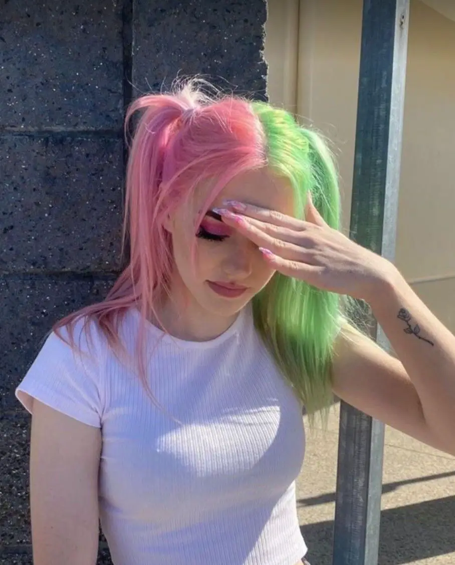 33-unique-split-hair-dye-ideas-trending-color-combinations-to-try-in-2023 Pink & Green Split Hair