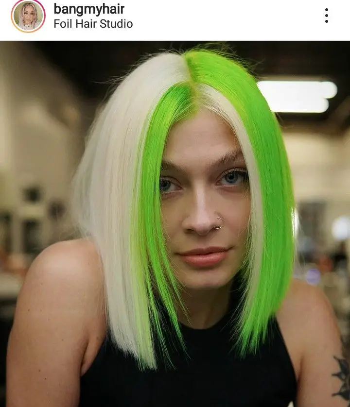 33-unique-split-hair-dye-ideas-trending-color-combinations-to-try-in-2023 Platinum Blonde & Lime Green Split Hair