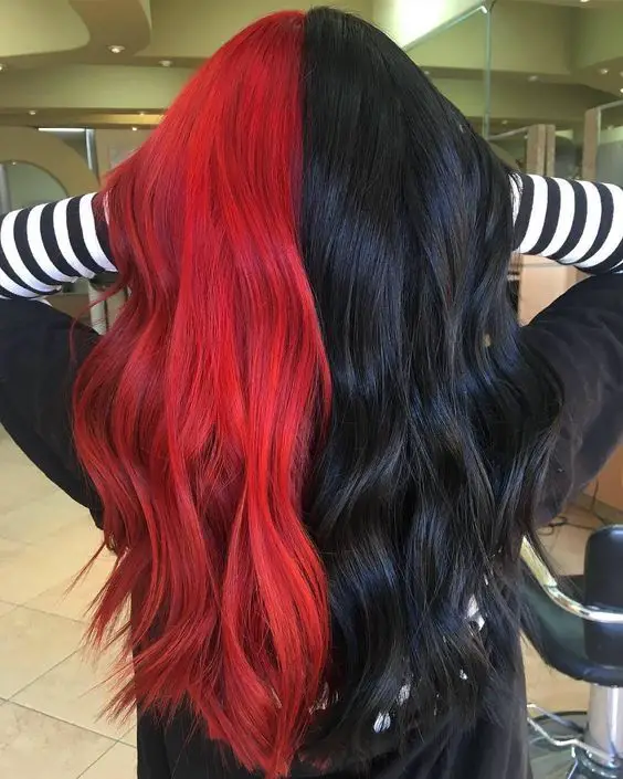 33-unique-split-hair-dye-ideas-trending-color-combinations-to-try-in-2023 Red & Black Split Hair