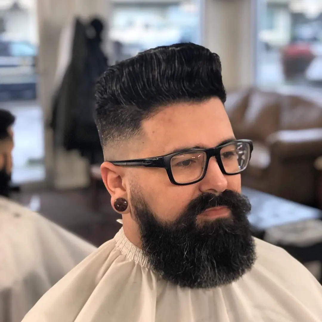 50-best-hairstyles-for-big-men Mid Fade Pompadour with Beard