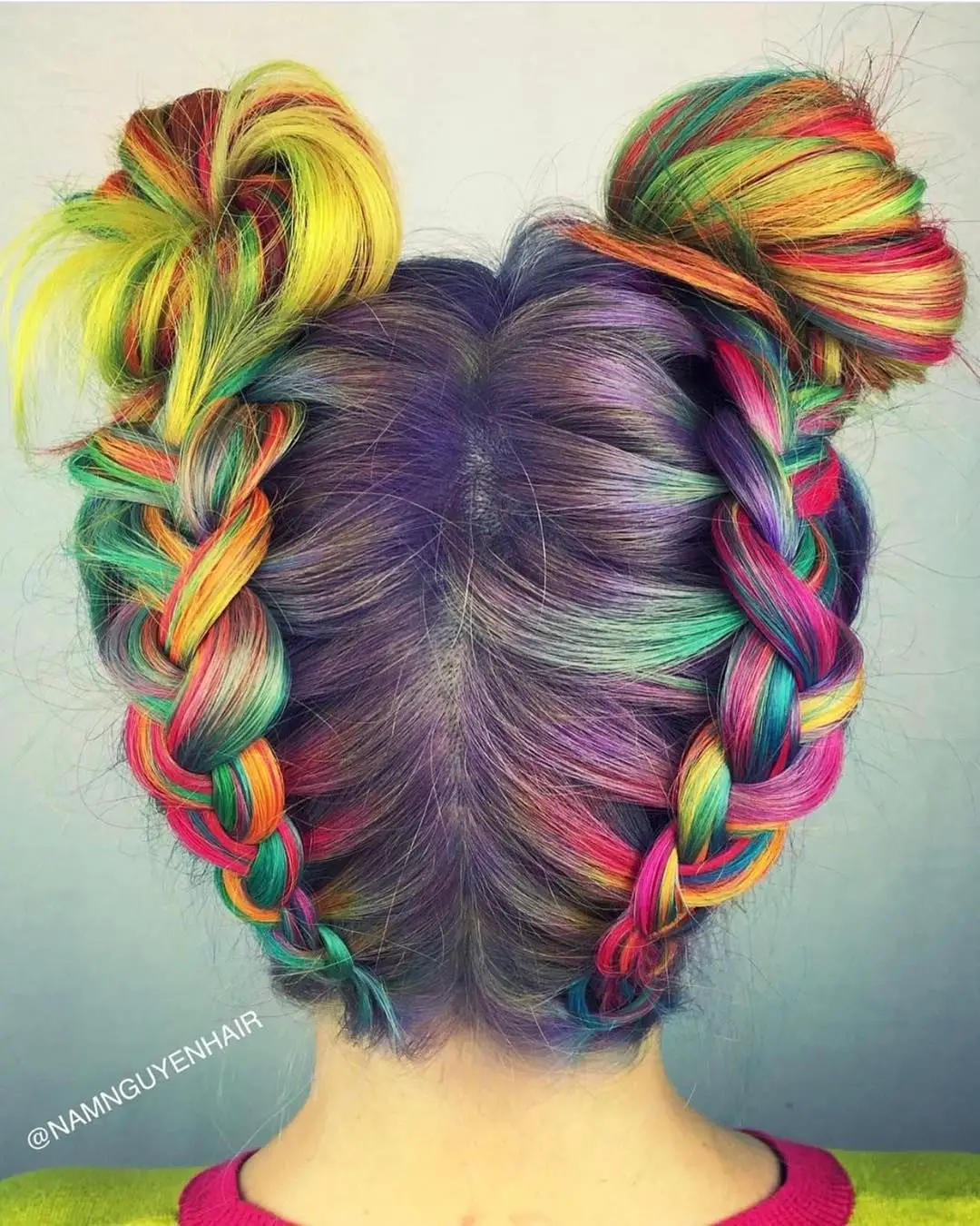 63-coolest-rainbow-hair-ideas-trending-colors-to-try Rainbow Braided Space Buns