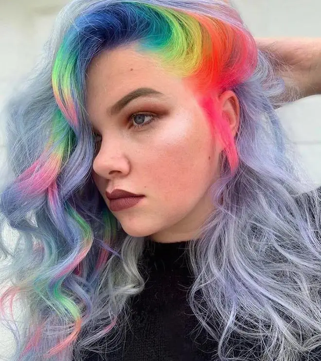 63-coolest-rainbow-hair-ideas-trending-colors-to-try Silver Hair with Rainbow Roots