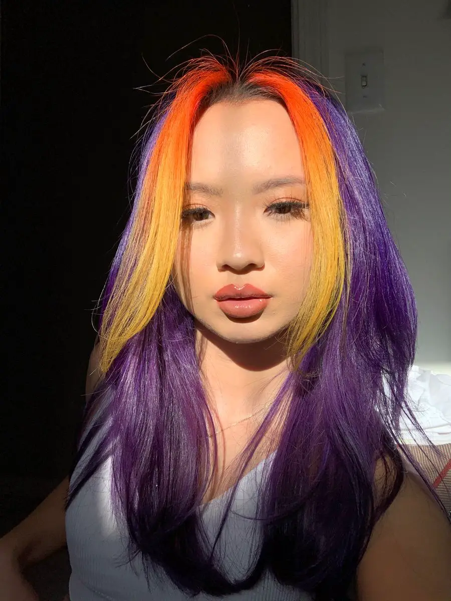 65-best-purple-hair-ideas-trending-colors-to-try-in-2023 Orange And Purple Money Piece