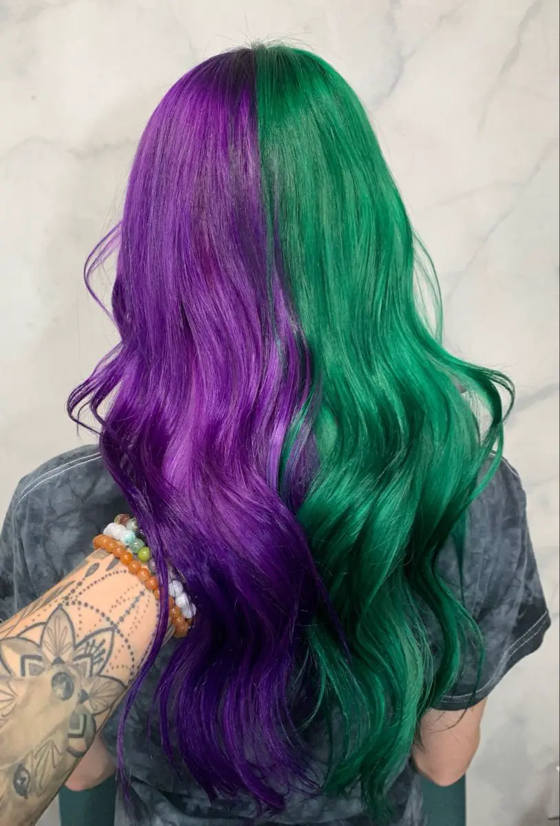 65-best-purple-hair-ideas-trending-colors-to-try-in-2023 Purple Green Split Dye